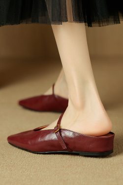 French Retro Genuine Leather Height-Increasing Slip-On Mules for Women - Comfortable Flat-Toe Half Slippers