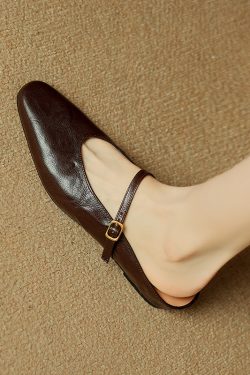 French Retro Genuine Leather Height-Increasing Slip-On Mules for Women - Comfortable Flat-Toe Half Slippers