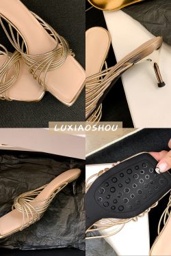 French Square-Toe Sheepskin Cross Strap High-Heeled Sandals for Women - Elegant Open-Toe Roman Style for Outdoor Wear