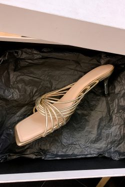 French Square-Toe Sheepskin Cross Strap High-Heeled Sandals for Women - Elegant Open-Toe Roman Style for Outdoor Wear