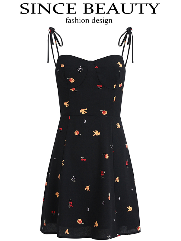 French Style Black Floral Spaghetti Strap Dress - Women's Summer Vacation Dress - Trendy Short Design for Effortless Elegance French Style Black Floral Spaghetti Strap Dress - Women's Summer Vacation Dress - Trendy Short Design for Effortless Elegance