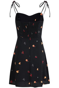 French Style Black Floral Spaghetti Strap Dress - Women's Summer Vacation Dress - Trendy Short Design for Effortless Elegance