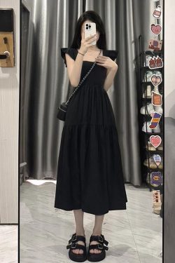French-Style Black Square Neck Sleeveless Dress with Small Flying Sleeves for Women - 2025 Summer Petite Slim Mid-Length Fashion.