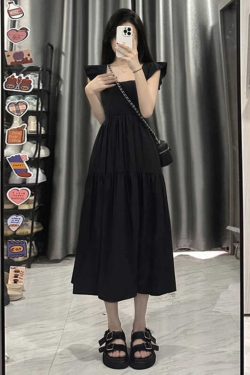 French-Style Black Square Neck Sleeveless Dress with Small Flying Sleeves for Women - 2025 Summer Petite Slim Mid-Length Fashion.