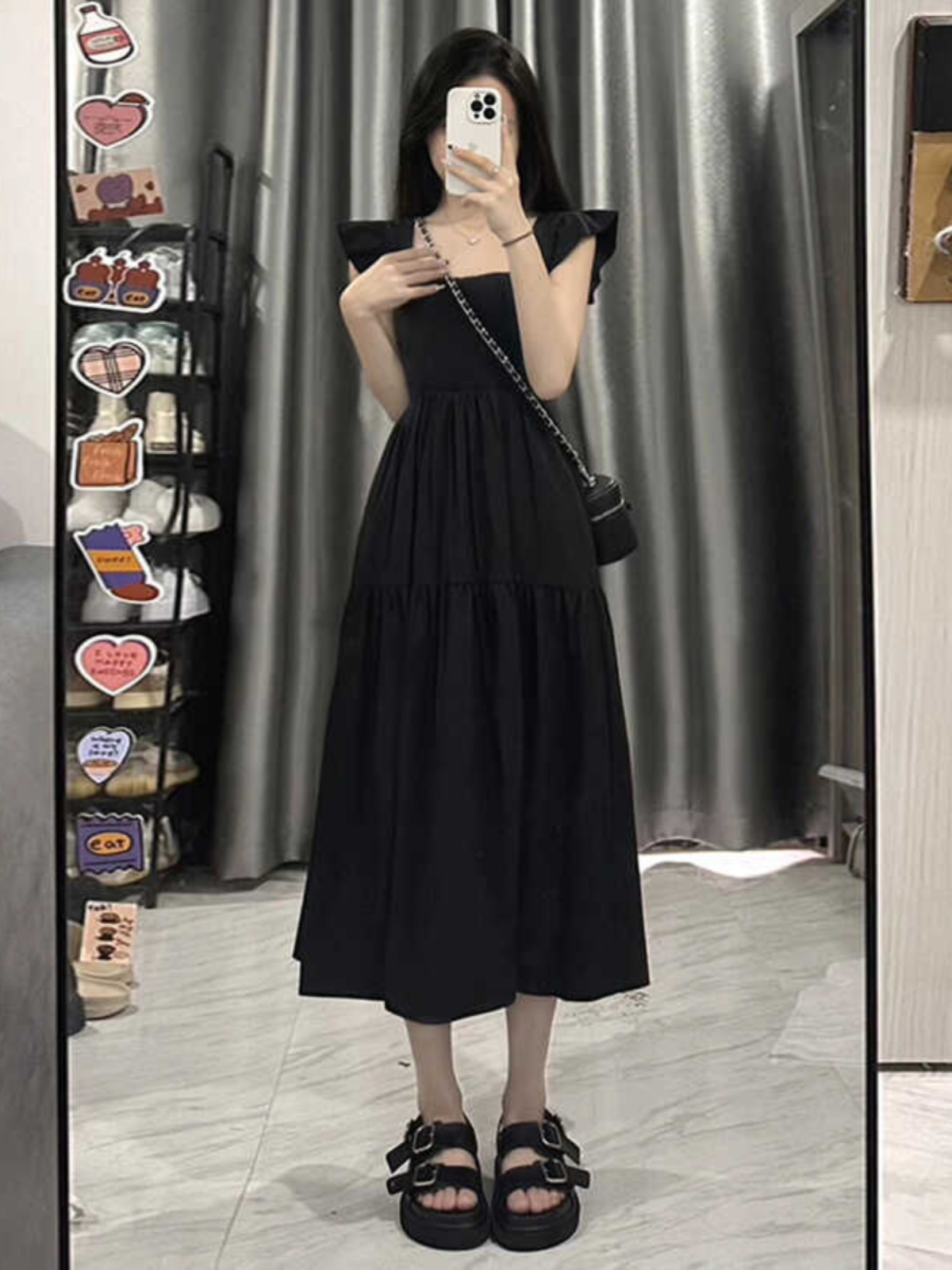 French-Style Black Square Neck Sleeveless Dress with Small Flying Sleeves for Women - 2025 Summer Petite Slim Mid-Length Fashion. French-Style Black Square Neck Sleeveless Dress with Small Flying Sleeves for Women - 2025 Summer Petite Slim Mid-Length Fashion.