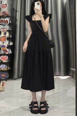 French-Style Black Square Neck Sleeveless Dress with Small Flying Sleeves for Women - 2025 Summer Petite Slim Mid-Length Fashion.