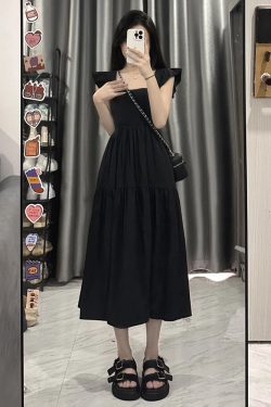 French-Style Black Square Neck Sleeveless Dress with Small Flying Sleeves for Women - 2025 Summer Petite Slim Mid-Length Fashion.