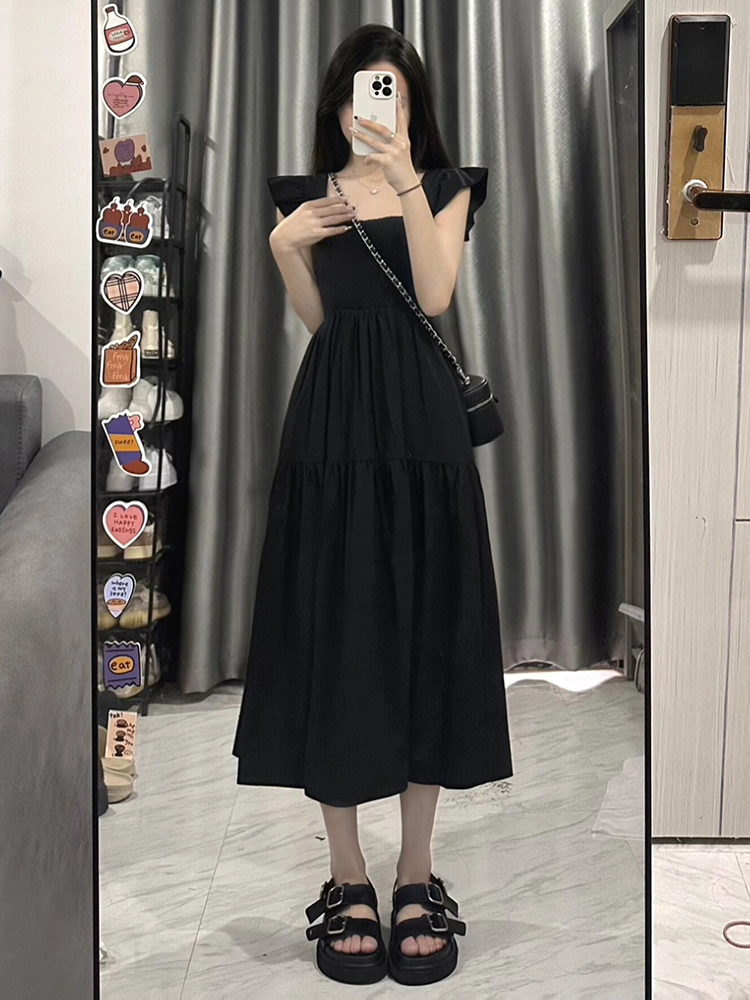 French-Style Black Square Neck Sleeveless Dress with Small Flying Sleeves for Women - 2025 Summer Petite Slim Mid-Length Fashion. French-Style Black Square Neck Sleeveless Dress with Small Flying Sleeves for Women - 2025 Summer Petite Slim Mid-Length Fashion.