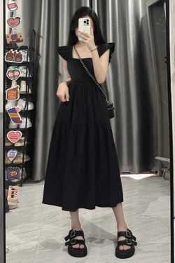 French-Style Black Square Neck Sleeveless Dress with Small Flying Sleeves for Women - 2025 Summer Petite Slim Mid-Length Fashion.
