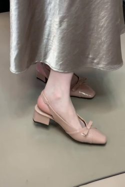 French Style Bow Tie Chunky Heel Open-Toe Sheepskin Sandals with Back Strap - Elegant Square Toe Flats for Women