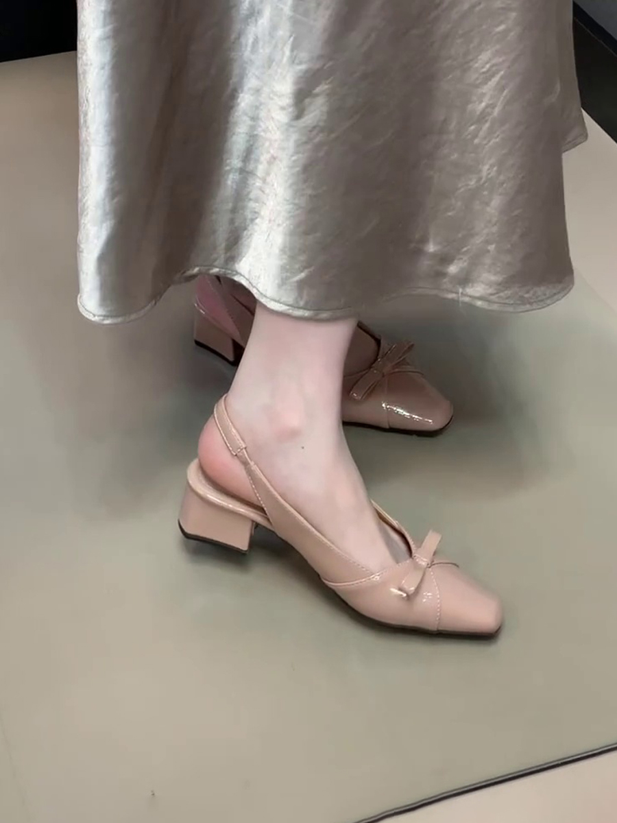 French Style Bow Tie Chunky Heel Open-Toe Sheepskin Sandals with Back Strap - Elegant Square Toe Flats for Women French Style Bow Tie Chunky Heel Open-Toe Sheepskin Sandals with Back Strap - Elegant Square Toe Flats for Women