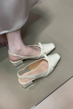 French Style Bow Tie Chunky Heel Open-Toe Sheepskin Sandals with Back Strap - Elegant Square Toe Flats for Women