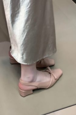 French Style Bow Tie Chunky Heel Open-Toe Sheepskin Sandals with Back Strap - Elegant Square Toe Flats for Women