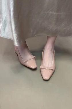 French Style Bow Tie Chunky Heel Open-Toe Sheepskin Sandals with Back Strap - Elegant Square Toe Flats for Women