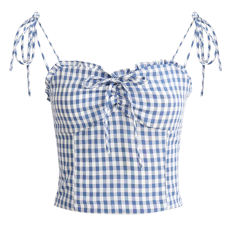 French-Style Checkered Backless Camisole with Bow - Slim Fit Women's Top for a Chic Summer Look French-Style Checkered Backless Camisole with Bow - Slim Fit Women's Top for a Chic Summer Look