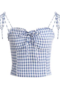French-Style Checkered Backless Camisole with Bow - Slim Fit Women's Top for a Chic Summer Look