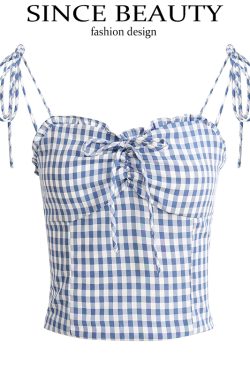 French-Style Checkered Backless Camisole with Bow - Slim Fit Women's Top for a Chic Summer Look