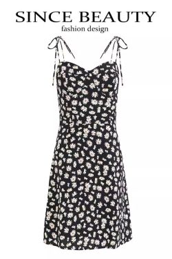 French Style Floral Spaghetti Strap Black Dress with Daisy Print - 2025 Summer Women's Vacation Dress