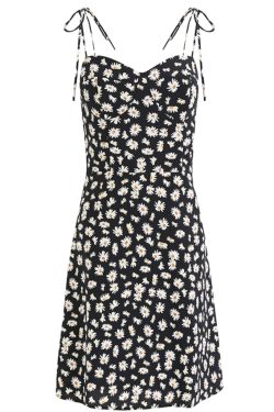 French Style Floral Spaghetti Strap Black Dress with Daisy Print - 2025 Summer Women's Vacation Dress