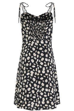 French Style Floral Spaghetti Strap Black Dress with Daisy Print - 2025 Summer Women's Vacation Dress