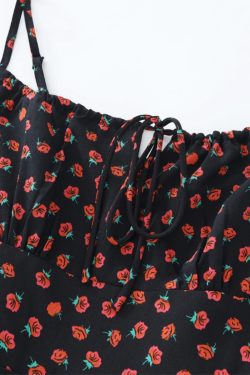 French Style Floral Spaghetti Strap Black Maxi Dress - Slim Fit Vacation Dress for Summer 2025, Perfect for 90s and Y2K Fashion