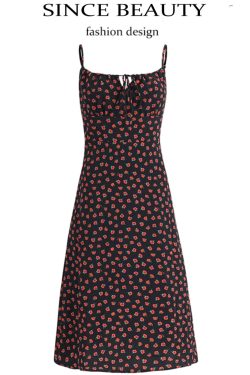 French Style Floral Spaghetti Strap Black Maxi Dress - Slim Fit Vacation Dress for Summer 2025, Perfect for 90s and Y2K Fashion