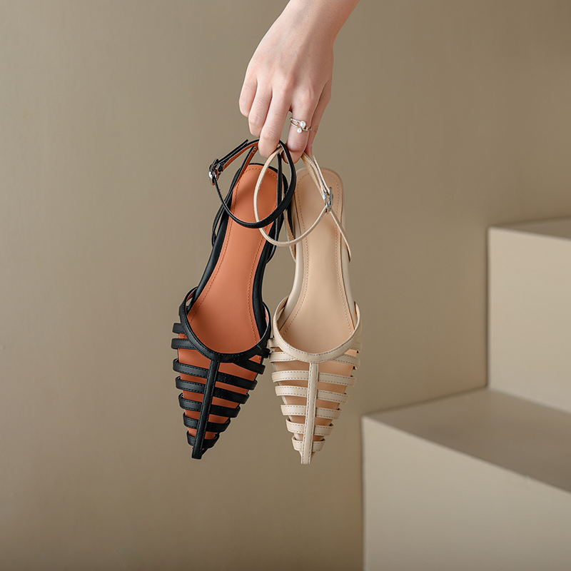 French Style Genuine Leather Retro Pointed Low Chunky Heel Roman Sandals for Women - Artistic Pig Cage Summer Shoes French Style Genuine Leather Retro Pointed Low Chunky Heel Roman Sandals for Women - Artistic Pig Cage Summer Shoes