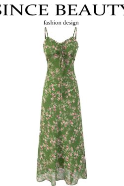 French Style Green Floral Long Spaghetti Strap Dress for Women - Summer 2025 Vacation Fashion