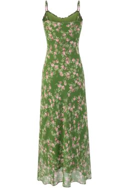 French Style Green Floral Long Spaghetti Strap Dress for Women - Summer 2025 Vacation Fashion