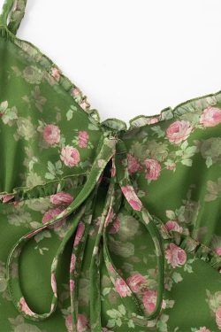 French Style Green Floral Long Spaghetti Strap Dress for Women - Summer 2025 Vacation Fashion