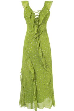 French Style Green Floral Spaghetti Strap Dress for Women - 2025 Summer Vacation Long Skirt with Diagonal Cut