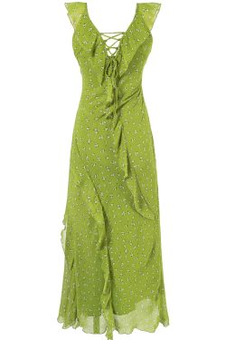 French Style Green Floral Spaghetti Strap Dress for Women - 2025 Summer Vacation Long Skirt with Diagonal Cut