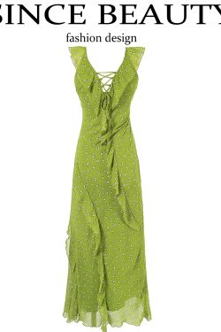 French Style Green Floral Spaghetti Strap Dress for Women - 2025 Summer Vacation Long Skirt with Diagonal Cut