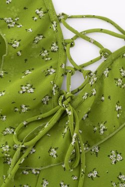 French Style Green Floral Spaghetti Strap Dress for Women - 2025 Summer Vacation Long Skirt with Diagonal Cut