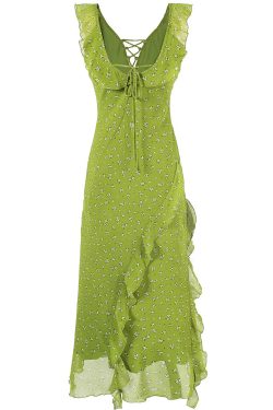 French Style Green Floral Spaghetti Strap Dress for Women - 2025 Summer Vacation Long Skirt with Diagonal Cut