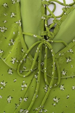 French Style Green Floral Spaghetti Strap Dress for Women - 2025 Summer Vacation Long Skirt with Diagonal Cut