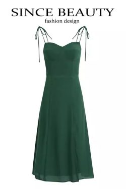 French Style Green Summer Dress 2025 with Side Slit and Spaghetti Straps - Women's Vacation Maxi Dress