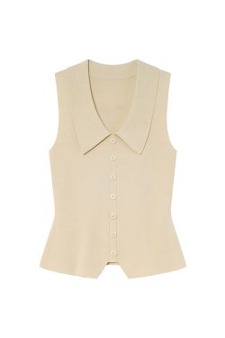 French-Style Lapel Faux Placket Knitted Vest for Women - Summer 2025 Slim-Fit T-Shirt Top, Flattering Casual Fashion