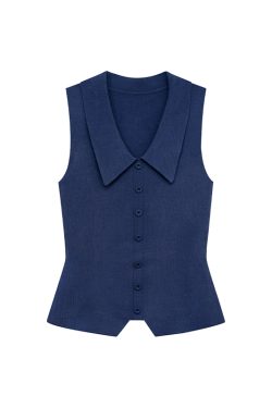 French-Style Lapel Faux Placket Knitted Vest for Women - Summer 2025 Slim-Fit T-Shirt Top, Flattering Casual Fashion