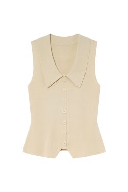 French-Style Lapel Faux Placket Knitted Vest for Women - Summer 2025 Slim-Fit T-Shirt Top, Flattering Casual Fashion