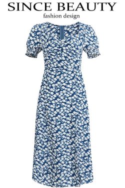 French-Style Long Blue Dress for Women - 2025 Summer Vacation Fashion, Elegant and Chic Look, Inspired by Zhong Chuxi