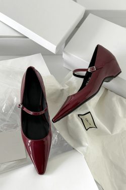 French Style One-Strap Chunky Heel Mary Jane Shoes, Pointed Toe, Shallow Mouth, Sheepskin Commuting High Heels