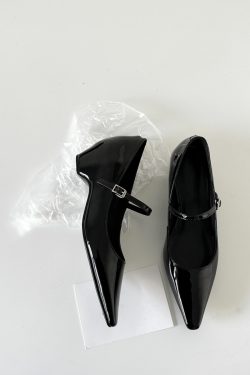 French Style One-Strap Chunky Heel Mary Jane Shoes, Pointed Toe, Shallow Mouth, Sheepskin Commuting High Heels