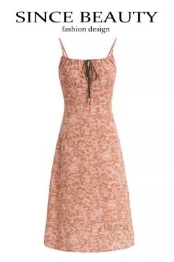 French-Style Orange Women's Dress with Straps, Printed, Elegant Vacation Look for Summer 2025