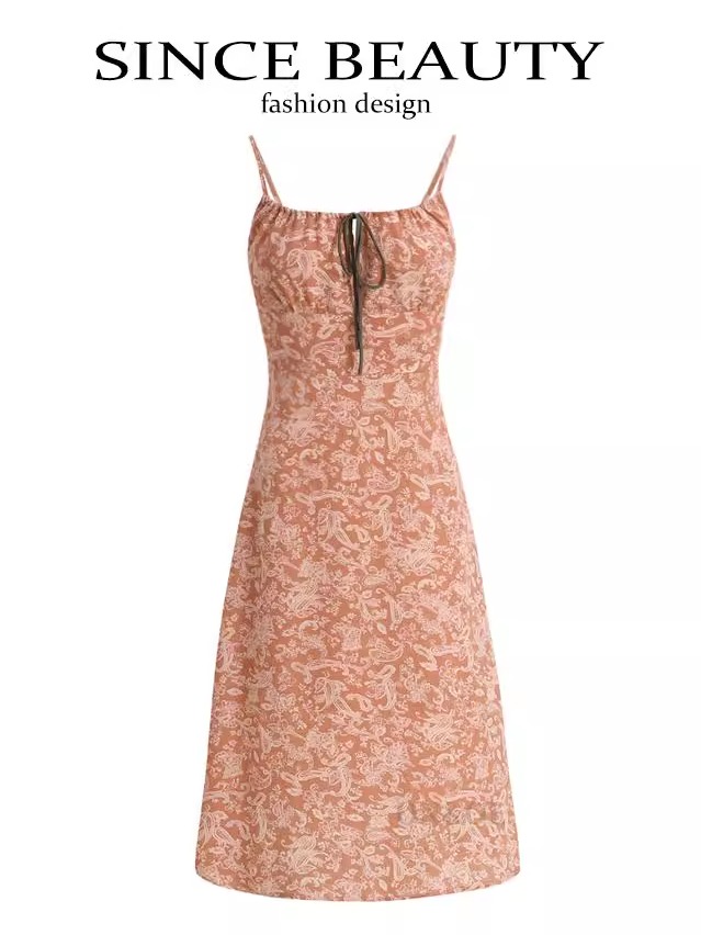 French-Style Orange Women's Dress with Straps, Printed, Elegant Vacation Look for Summer 2025 French-Style Orange Women's Dress with Straps, Printed, Elegant Vacation Look for Summer 2025