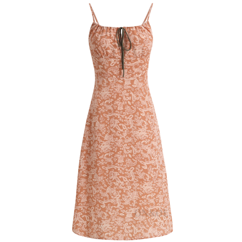 French-Style Orange Women's Dress with Straps, Printed, Elegant Vacation Look for Summer 2025 French-Style Orange Women's Dress with Straps, Printed, Elegant Vacation Look for Summer 2025