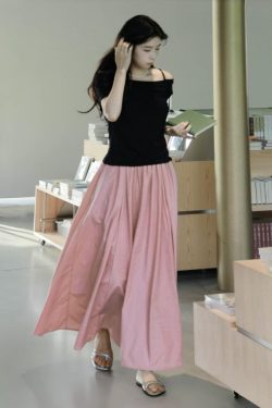 French-style Pink High-Waisted A-Line Midi Skirt, Luxury Pleated Casual Flared Skirt for Women, Spring Summer Fashion