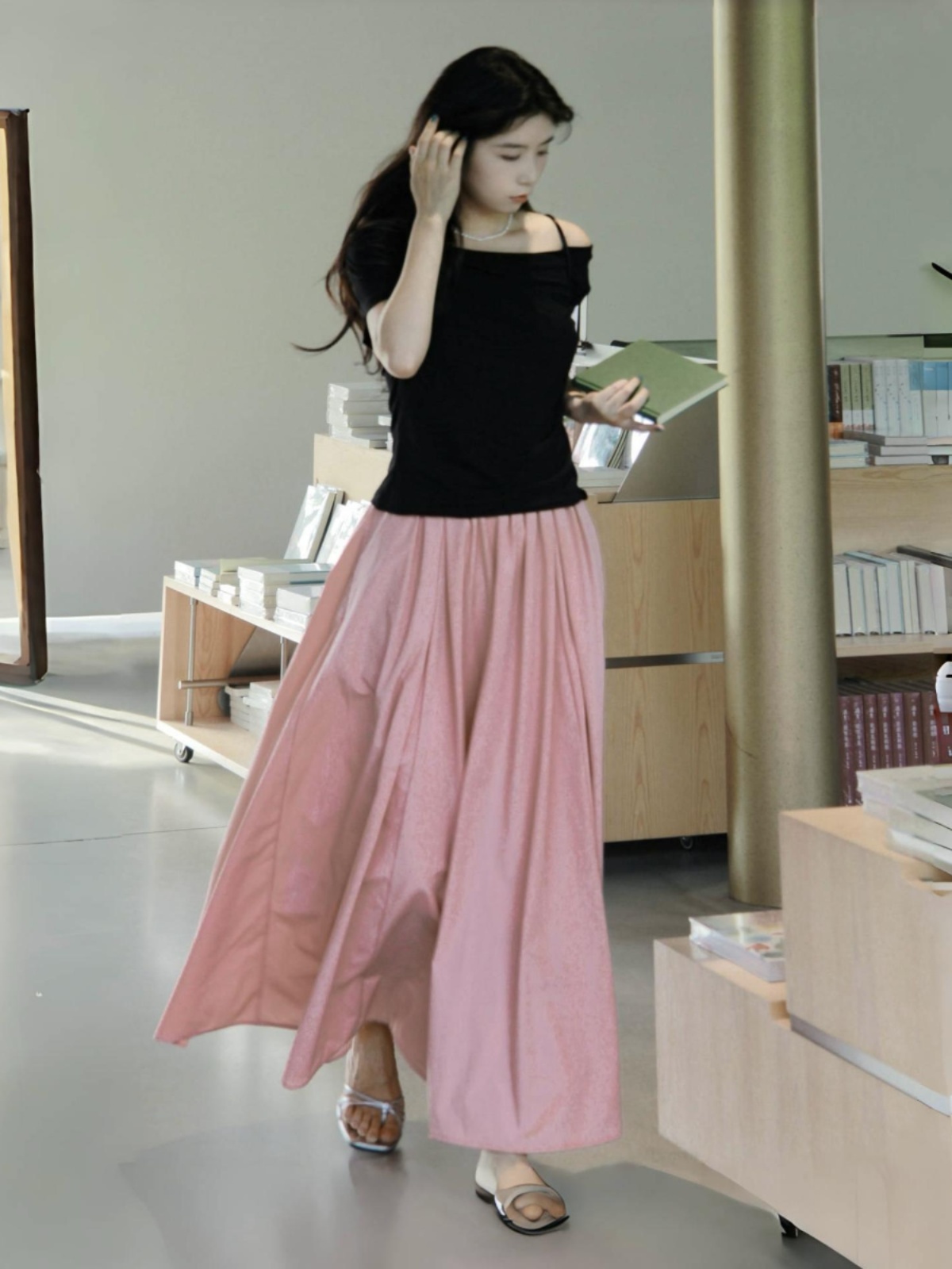 French-style Pink High-Waisted A-Line Midi Skirt, Luxury Pleated Casual Flared Skirt for Women, Spring Summer Fashion French-style Pink High-Waisted A-Line Midi Skirt, Luxury Pleated Casual Flared Skirt for Women, Spring Summer Fashion