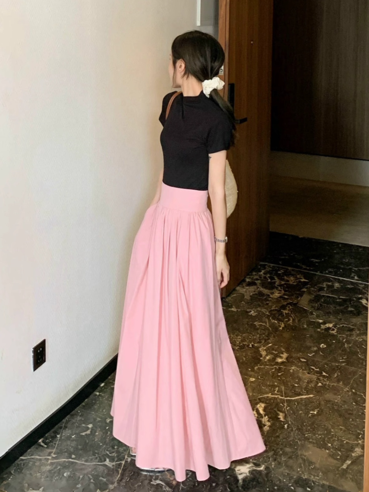 French-style Pink High-Waisted A-Line Midi Skirt, Luxury Pleated Casual Flared Skirt for Women, Spring Summer Fashion French-style Pink High-Waisted A-Line Midi Skirt, Luxury Pleated Casual Flared Skirt for Women, Spring Summer Fashion