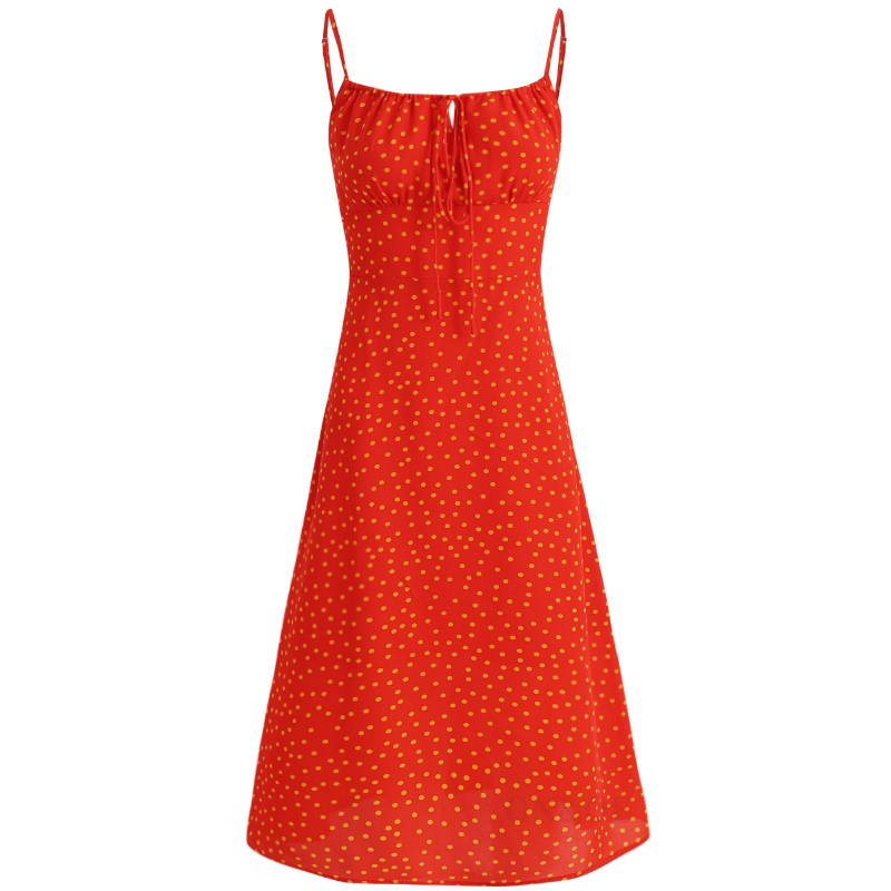 French Style Polka Dot Spaghetti Strap Long Red Dress for Summer 2025 - Vacation Essential, Slimming Fit for Women French Style Polka Dot Spaghetti Strap Long Red Dress for Summer 2025 - Vacation Essential, Slimming Fit for Women